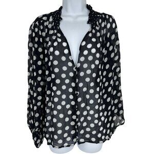 Anthropologie The Estela Sheer Chiffon Polka Dot Blouse Button Black White Sz XL